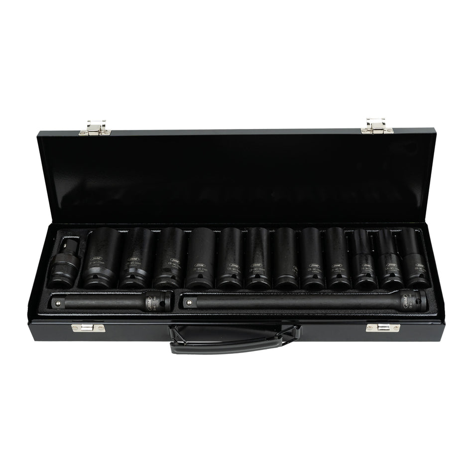 JEU 15 PIÈCES À CHOC AVEC 12 DOUILLES LONGUES DE 1/2" 6 PANS + RÉDUCTEURS