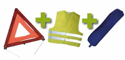 KIT DE SÉCURITÉ + POCHETTE BLEUE AVEC RIVET + GILET FLUO + TRIANGLE DE PRESIGNALITSATION
