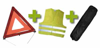 KIT DE SÉCURITÉ + POCHETTE NOIR AVEC RIVET + GILET FLUO + TRIANGLE DE PRESIGNALITSATION