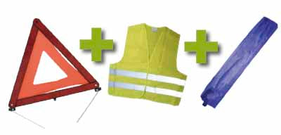 KIT DE SÉCURITÉ + POCHETTE MINIE BLEUE + GILET FLUO + TRIANGLE DE PRESIGNALITSATION