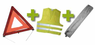 KIT DE SÉCURITÉ + POCHETTE MINIE GRIS + GILET FLUO + TRIANGLE DE PRESIGNALITSATION