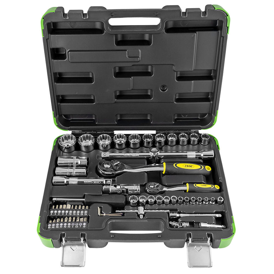 CAISSE À OUTILS 60 PIÈCES DOUILLES CANNELÉES 1/2" ET 1/4" CHROMÉES