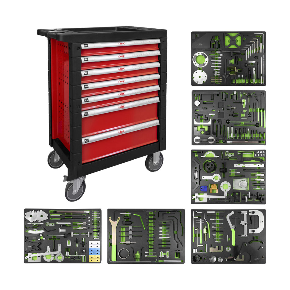 SERVANTE À OUTILS À 7 TIROIRS, ROUGE, AVEC JEU D’OUTILS POUR RÉGULER LA SYNCHRONISATION