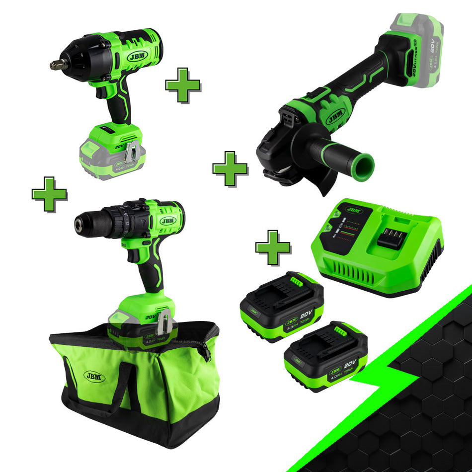 PROMO ELÉCTRIQUE: PERCEUSE + CLÉ À CHOC + MEULEUSE + 2 BATTERIES + CHARGEUR + SAC À DOS
