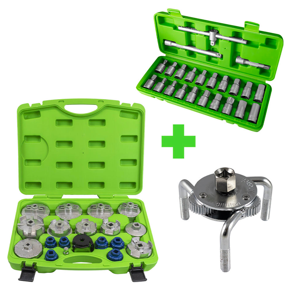 PROMO: CLÉ A FILTRES HUILE + COFFRET DOUILLES DE VIDANGE + JEU DE CLÉS POUR FILTRES